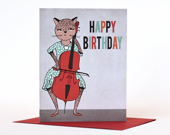 Items similar to Happy Birthday Music and Cat themed Card - Cat plays