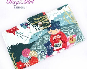 Handmade Long Wallet BiFold Clutch-Indochina-Geisha-Kitty-Fish-Royal-Blue-camo
