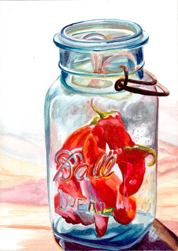 Download Items similar to BALL JAR with peppers print signed by ...