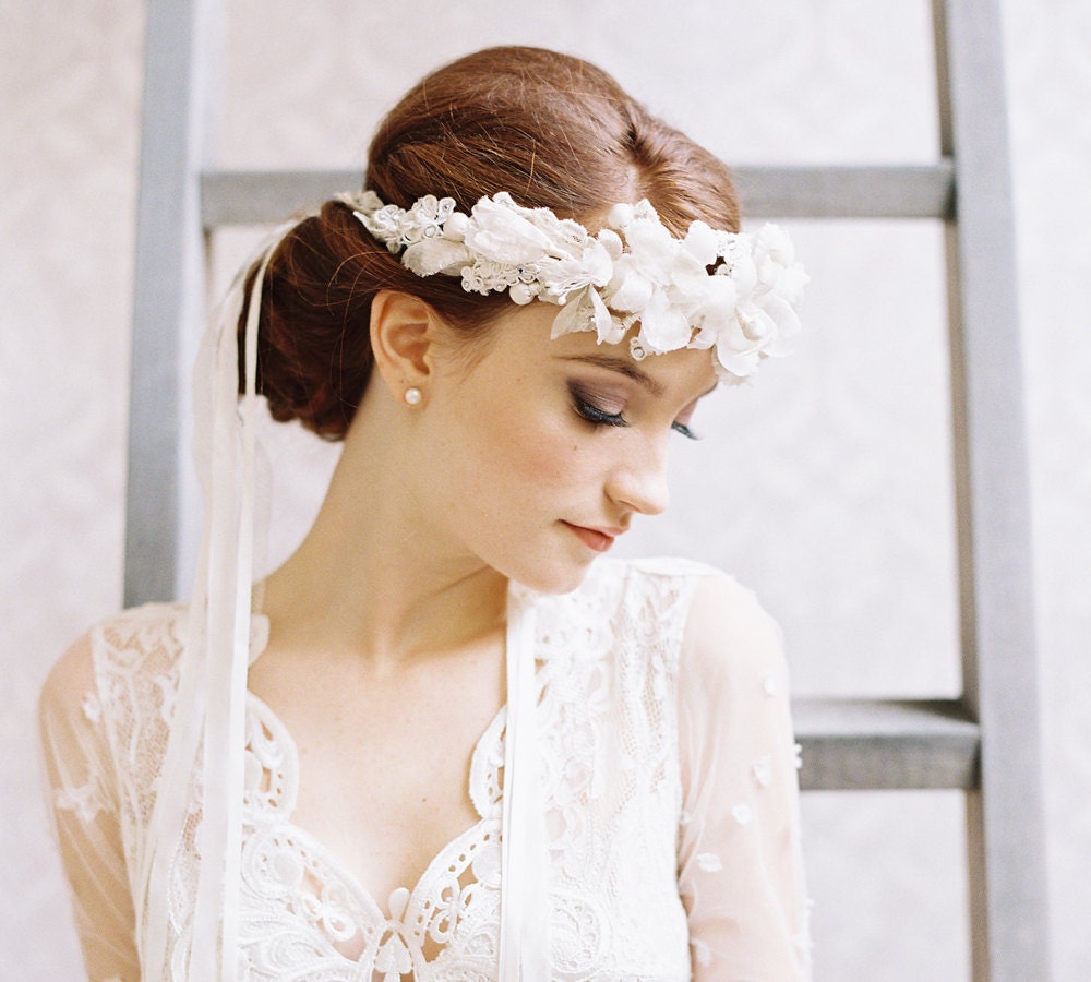 Bridal silk flower crown with ribbon tie veil La Fleur Style