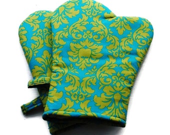 Handmade Oven Mitts set of 2 Turquoise Damask