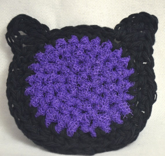 Black Cat Crochet Pot Scrubbie, Halloween Pot Scrubbers, Set of 3 Pot Scrubbies Black and Purple Cat Dish Scrubbies