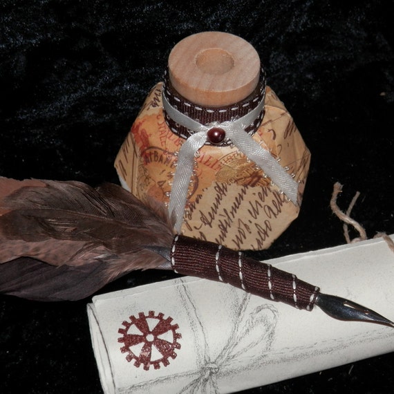 STEAMPUNK Feather QUILL and Ink POT with Your by gildedquill