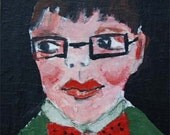 4x4 Mini Painting on Chipboard, Boy Wearing A Tie Series, Brian, Black Glasses, Burnt Orange Bow Tie, Green Shirt, Sideways Look