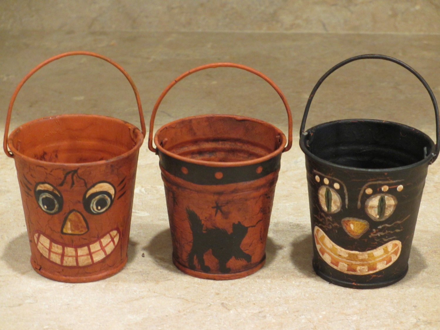 Tin Halloween Orange and Black Buckets by Pawprints49 on Etsy