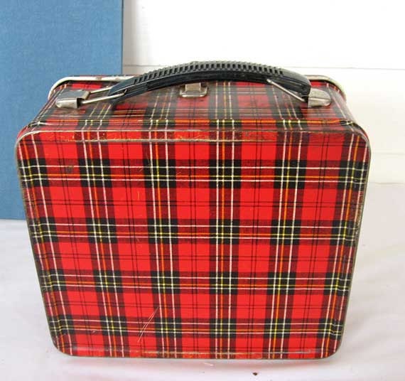 Vintage 1950's Red and Black Plaid Metal Lunch Box