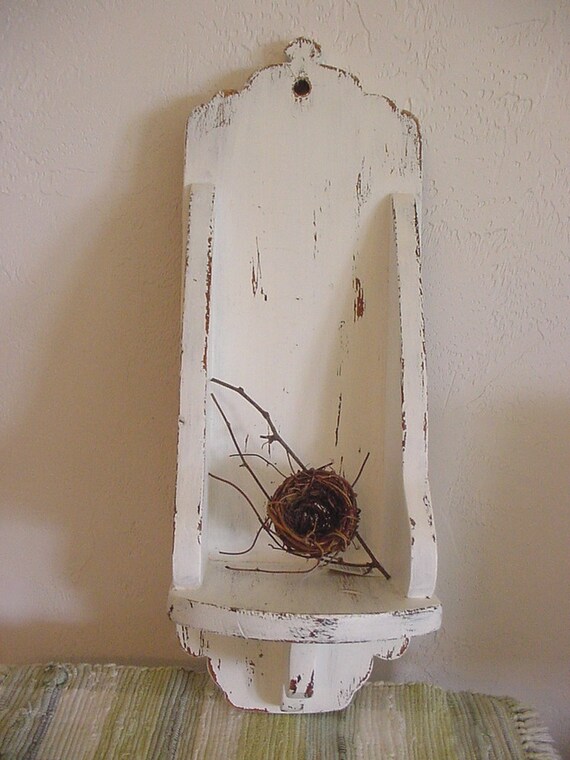 Vintage Cubby Wall Shelf Distressed White Primitive Farmhouse