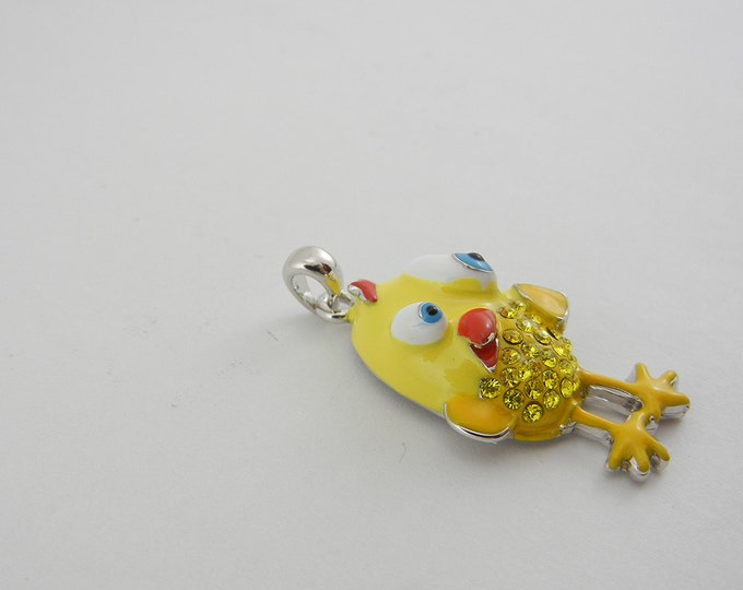 Whimsical Yellow Rhinestone and Epoxy Crazy Bird Pendant