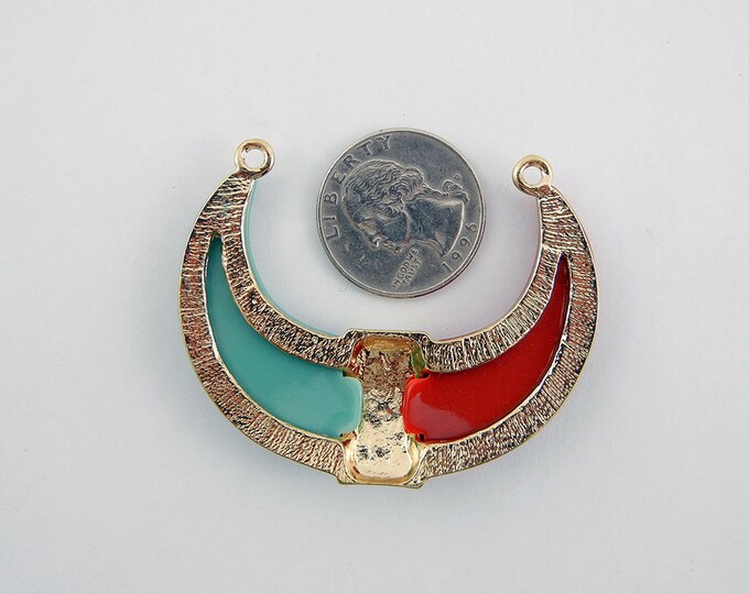 Red and Turquoise Acrylic Crescent Horn Shaped Tribal Pendant Rhinestones Gold-tone