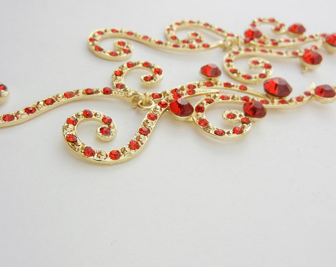 Pair of Long Swirly Drop Charms Gold-tone Red Rhinestones