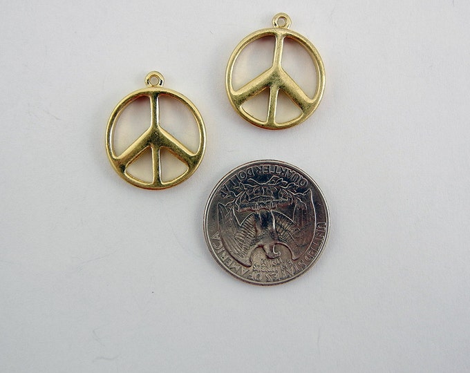 Pair of Green Rhinestone Peace Signs Matte Gold-tone Peace Sign Charms