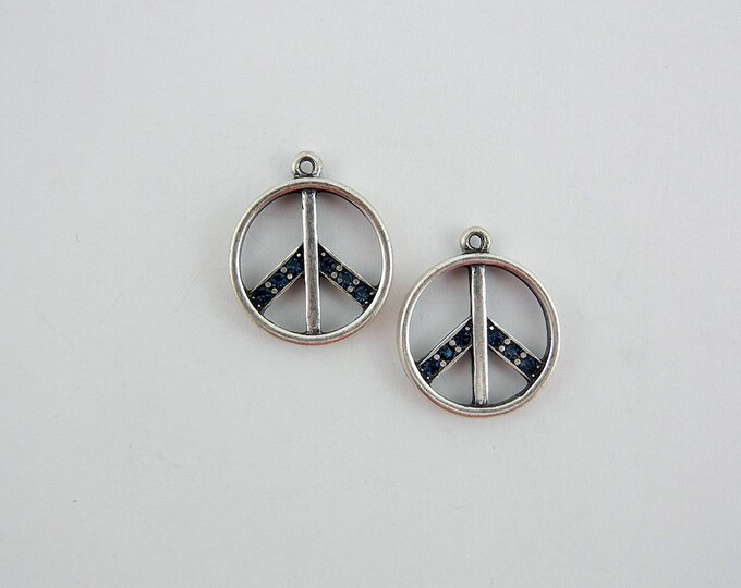 Pair of Dark Blue Rhinestone Peace Signs Matte Silver-tone Peace Sign Charms