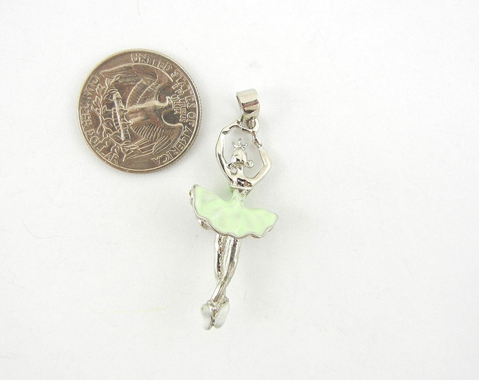 Silver-tone Rhinestone Dimensional Ballerina Pendant Green Epoxy Tutu