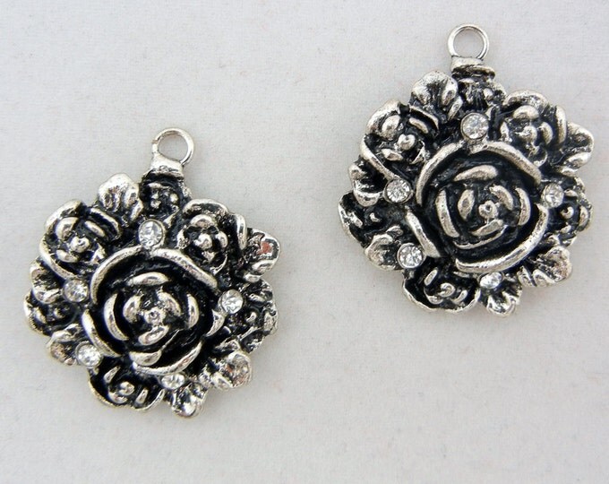 Pair of Antique Silver-tone Flower Charms Accented with Rhinestones