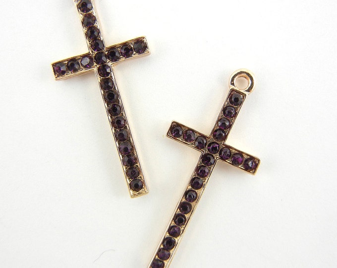 Pair of Gold-tone Cross Charms with Amethyst Purple Rhinestones