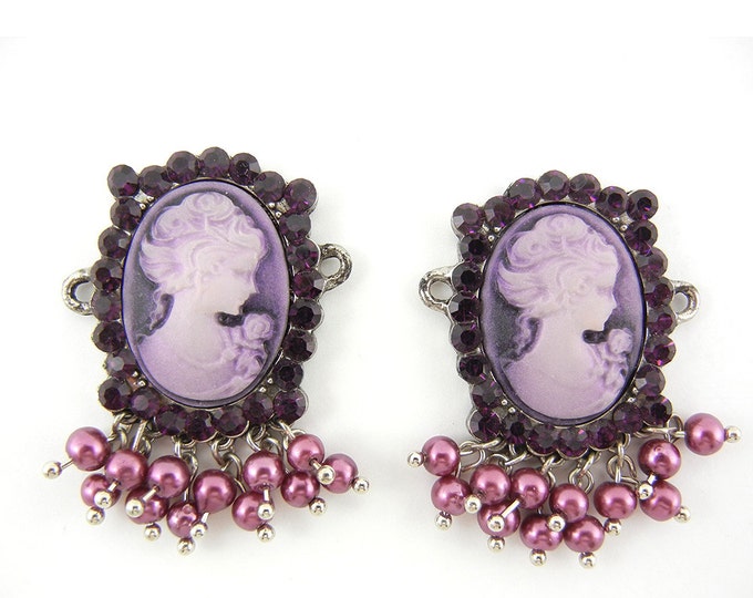 Set of 2 Purple Acrylic Cameo Double Link Side Charms Amethyst Rhinestones