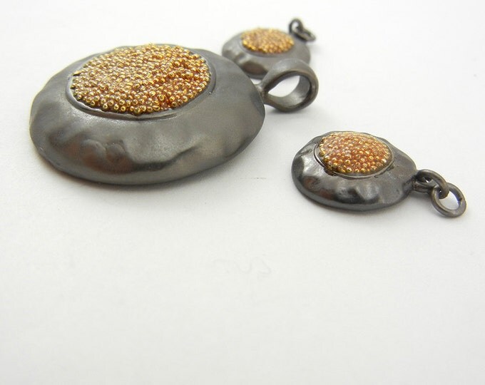 Set of Hematite and Gold-tone Pebble Round Charms and Pendant