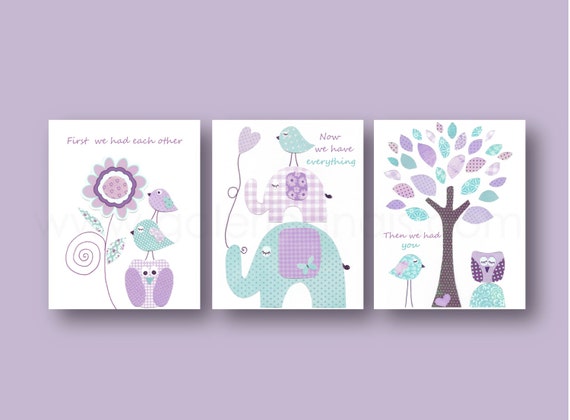 Purple and aqua Nursery art baby art nursery decor nursery wall art bird elephant tree all you need is love owl Set of 3 Prints by GalerieAnais