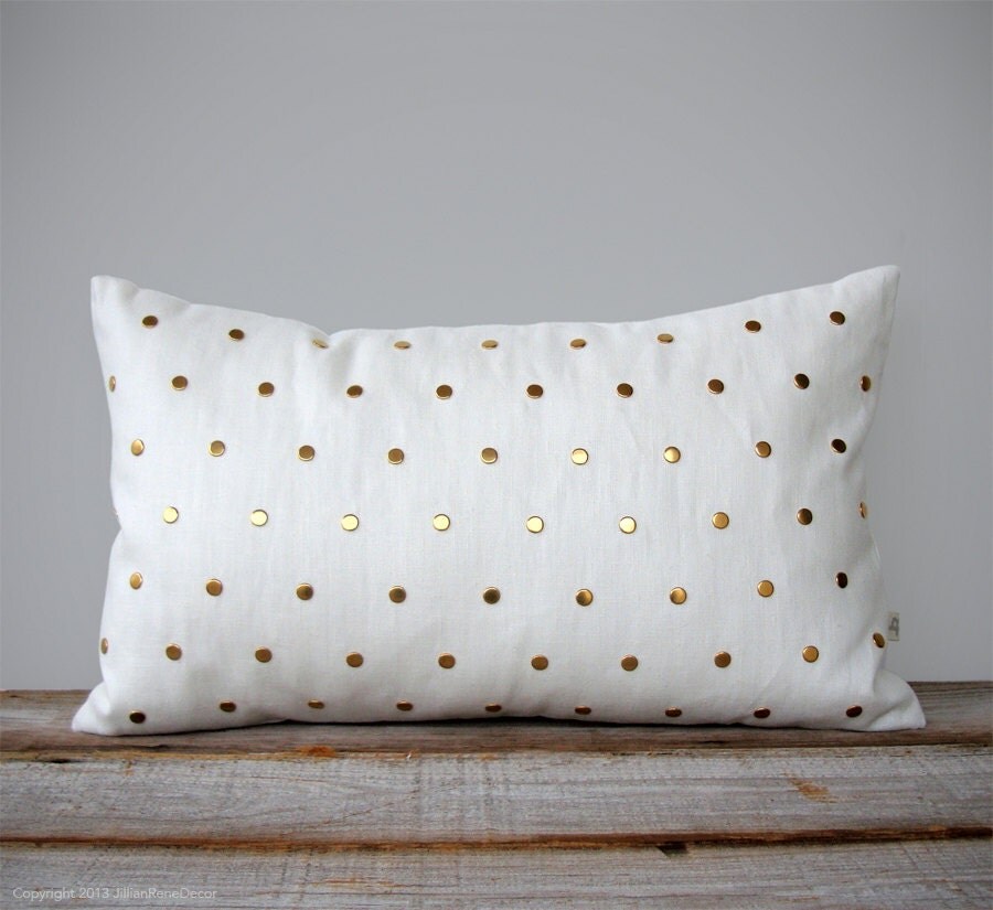 Gold Studded Pillow Cover in Cream Linen 12x20 Polka Dot