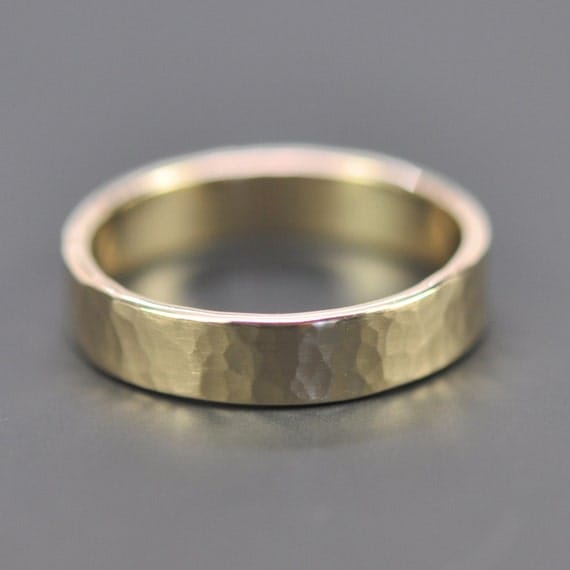 Mens 14K Yellow Gold Wedding Band, 5mm Hammered Gold Ring, Matte ...