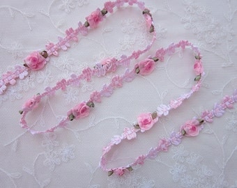 Pink Rococo Ribbon Trim w Rose Bud Flower Scrapbook Baby Quilt Bridal Pageant