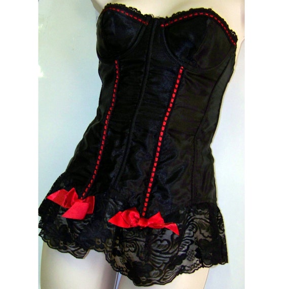 VINTAGE FREDERICKS black satin corset red ribbons Merry widow