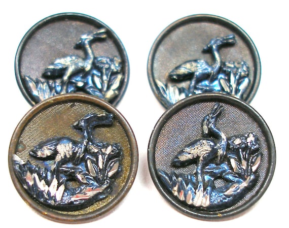 1800s French BUTTONS, 4 Victorian birds with blue tint, unused.
