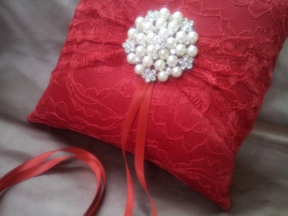 Apple Red Ring Bearer Pillow Lace Ring Pillow Pearl Rhinestone