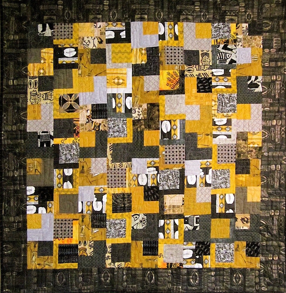 Patchwork Quilt black gray and gold West African wall