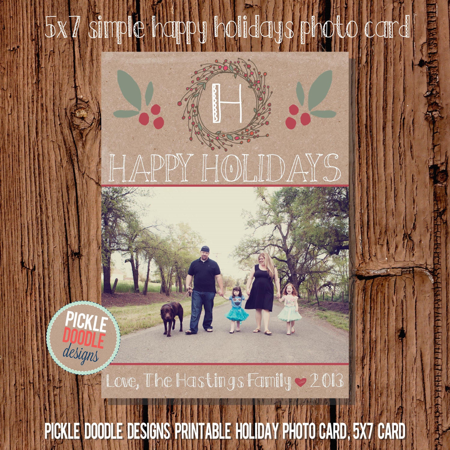 Christmas Card : Simple Kraft Brown Wreath Happy Holidays Custom Photo Holiday Card