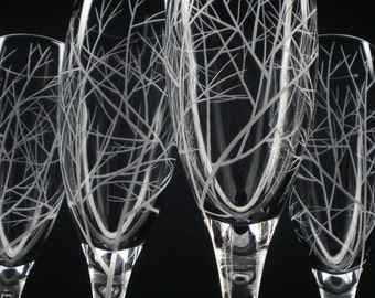 Four Champagne Flutes Hand Engraved 'Reaching Branches' Woodland Wedding Decor Available Custom Personalized