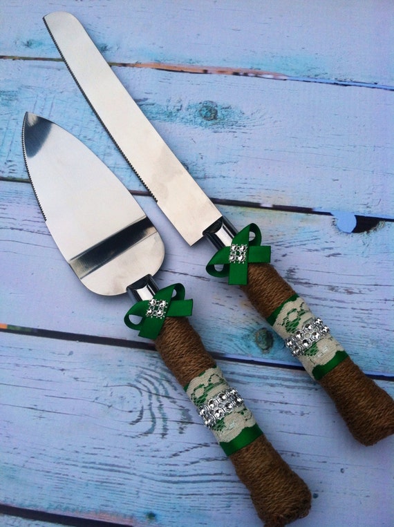 Forest Green Wedding cake knife set  burlap knife  set  