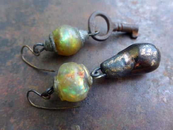 The Unexpected. Rustic asymmetrical art bead earrings. Iridescent art beads, ceramic, key.