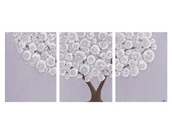 Purple Nursery Art Tree Wall Decor - Acrylic Painting on Triptych Canvas - Medium 35x14