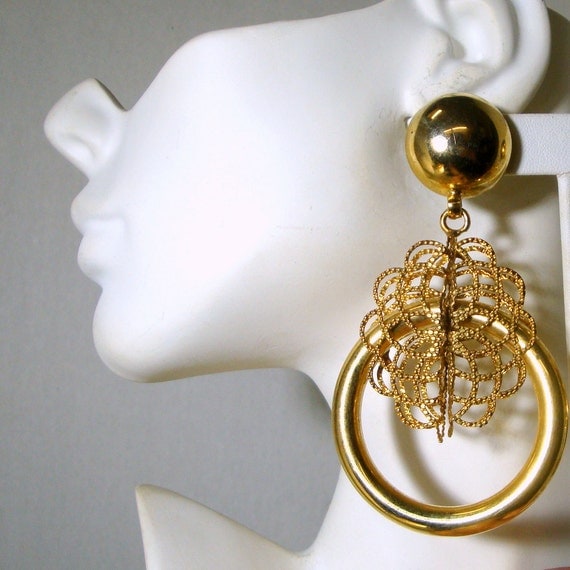 GOLD Long Dramatic Clip Earrings Gaudy Hoop and Filigree