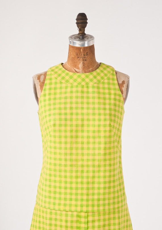 Vintage 1960's Checkered Dress Lime Green Two Piece Set