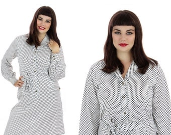 60s Mod Dress White Black Polka Dots Vintage Enamel Buttons 1970s 70s A-line Mad Men Large XL Plus Size 1X