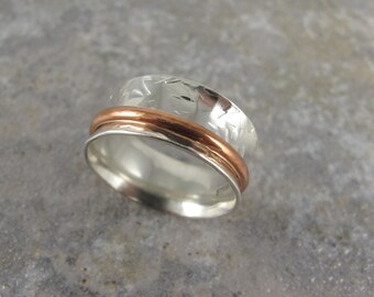 Spinner, Fidget, Worry, Ring, Handmade, Hammered Texture, Sterling Silver, Copper, Anniversary, Birthday, Gift