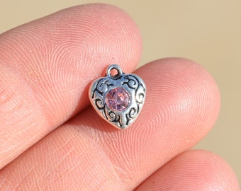 BULK 20 Silver Heart Charms with Pink Stone SC1026