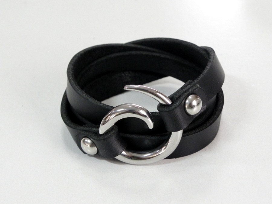 Black Leather Bracelet Leather Cuff Wrap Bracelet With Spiral