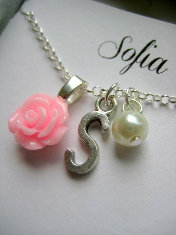 Flower girl, small rose, initial charm, personalized gift. Choose your flower colour.