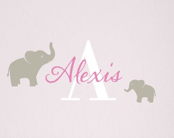 Elephant Name Wall Decal Set - Elephant Wall Decal Mom and Baby - Children Nursery Boy Girl