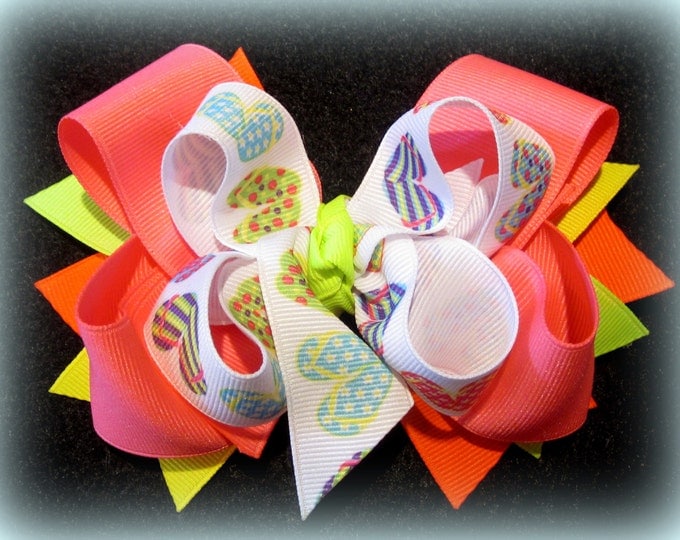 Summer hair bow, NEON hairbow, Flip Flops bow, Boutique Hair Bows, Vacation Bow, Sandals hairbow, girls stacked bow, flip flop beach bow,