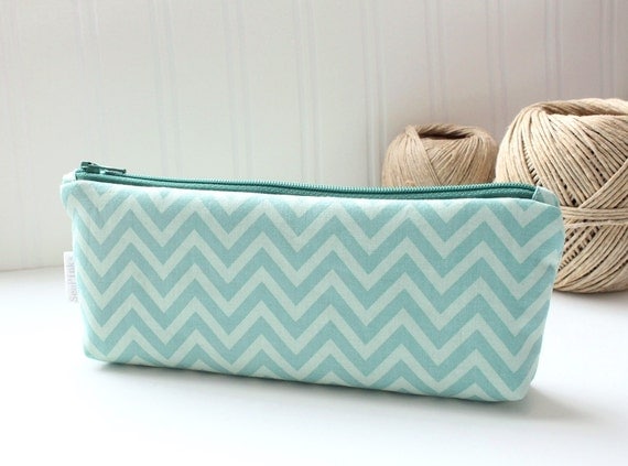 Seafoam Teal Mint Green Chevron Pencil Case Zipper Pouch