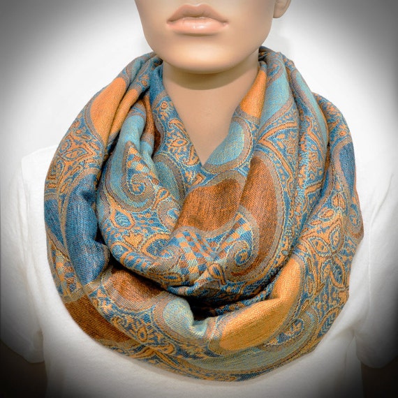 Infinity scarf Orange Blue Paisley scarf