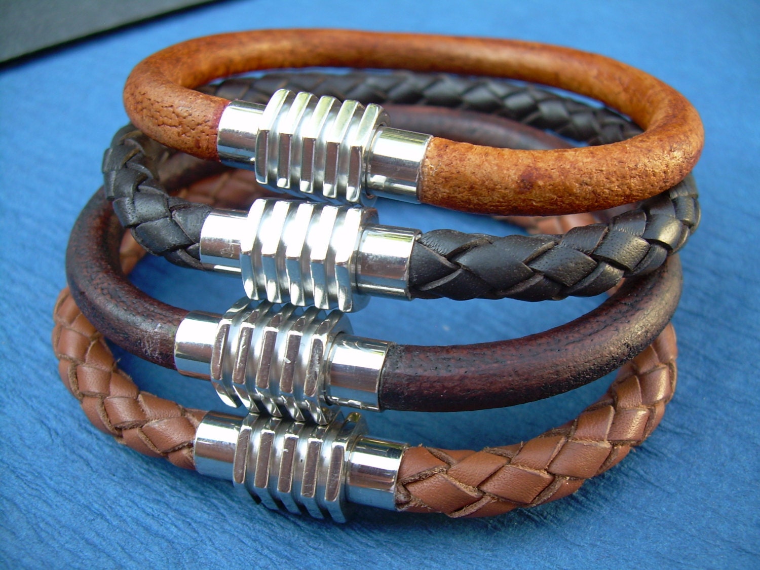 Mens Leather Bracelet Stainless Steel Magnetic Clasp Leather