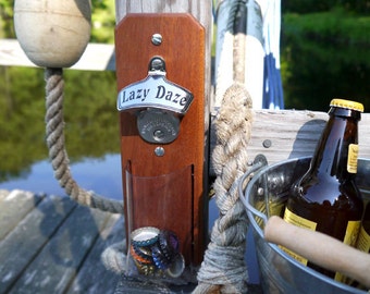 Wall-Mount Bottle Opener for Outdoor Kitchen or Boat, Customized Stainless Steel & Mahogany Cap Catcher - Grill, Patio, Deck, Boat Gift