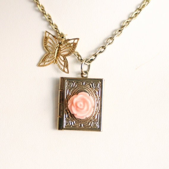 Book Locket Necklace in Antiqued Gold by on Etsy