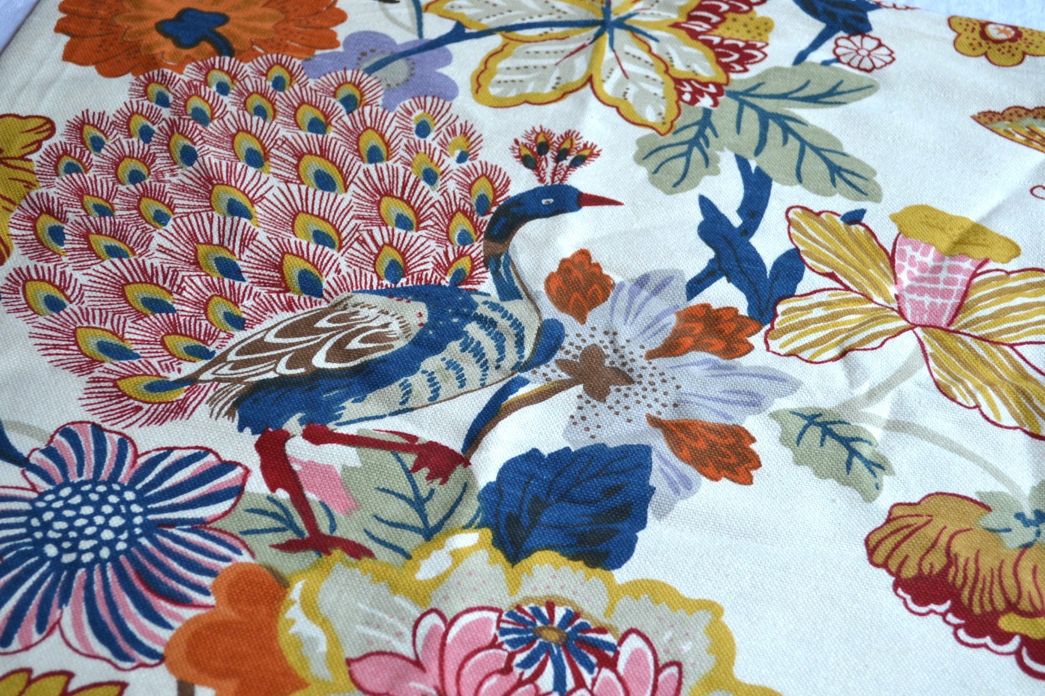 Pottery Barn Fabric Pillow Cover Peacock and Flower Urn