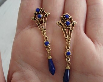 Vintage Victorian Lapis Lazuli Glass Rhinestone and Faceted Prisms Filigree Gold Earrings